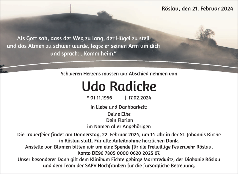  Traueranzeige für Udo Radicke vom 21.02.2024 aus Frankenpost