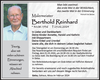 Traueranzeige von Berthold Reinhard von Südthüringer Presse