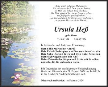 Traueranzeige von Ursula Heß von Südthüringer Presse