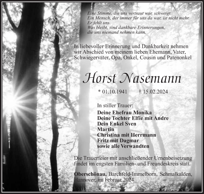  Traueranzeige für Horst Nasemann vom 24.02.2024 aus Südthüringer Presse