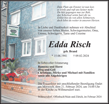 Traueranzeige von Edda Risch von Südthüringer Presse