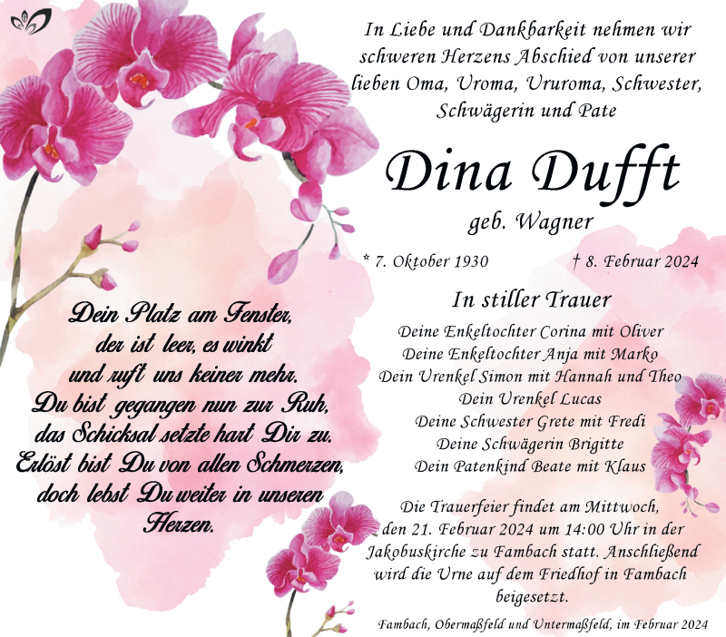  Traueranzeige für Dina Dufft vom 17.02.2024 aus Südthüringer Presse