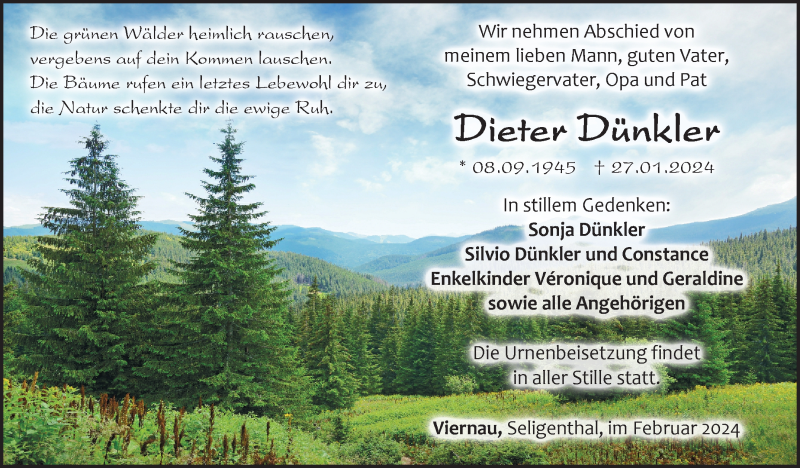  Traueranzeige für Dieter Dünkler vom 03.02.2024 aus Südthüringer Presse