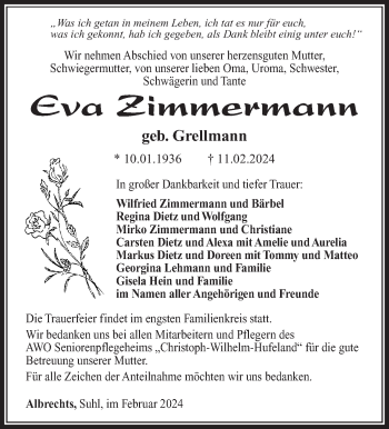 Traueranzeige von Eva Zimmermann von Südthüringer Presse