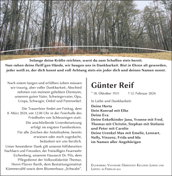 Traueranzeige von Günter Reif von Südthüringer Presse