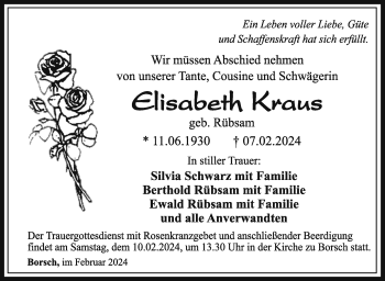 Traueranzeige von Elisabeth Kraus von Südthüringer Presse