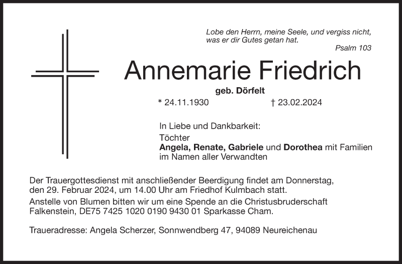  Traueranzeige für Annemarie Friedrich vom 27.02.2024 aus Frankenpost
