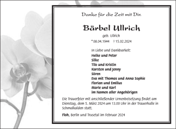 Traueranzeige von Bärbel Ullrich von Südthüringer Presse