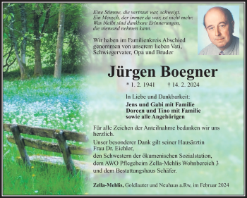Traueranzeige von Jürgen Boegner von Südthüringer Presse