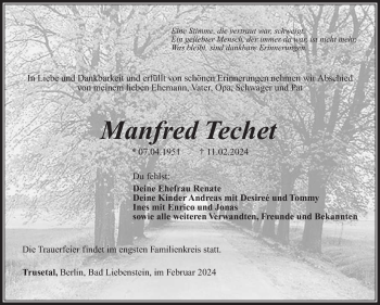 Traueranzeige von Manfred Techet von Südthüringer Presse