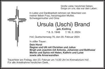 Traueranzeige von Ursula Brand von Frankenpost