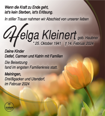 Traueranzeige von Helga Kleinert von Südthüringer Presse
