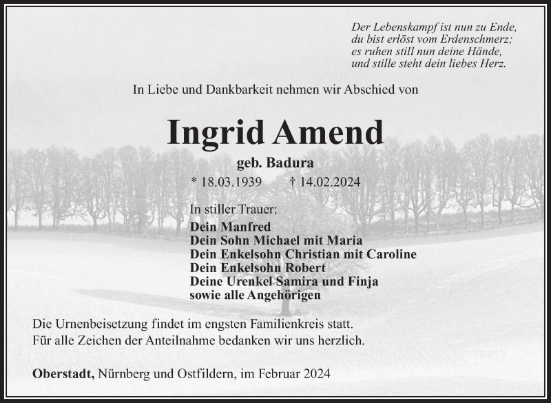  Traueranzeige für Ingrid Amend vom 24.02.2024 aus Südthüringer Presse