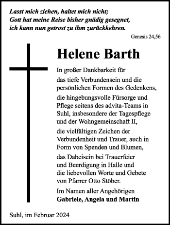Traueranzeige von Helene Barth von Südthüringer Presse