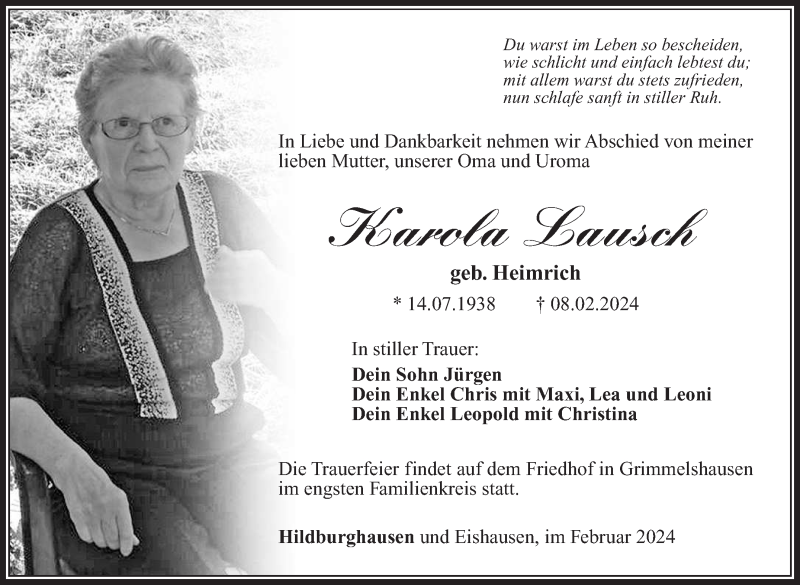  Traueranzeige für Karola Lausch vom 17.02.2024 aus Südthüringer Presse