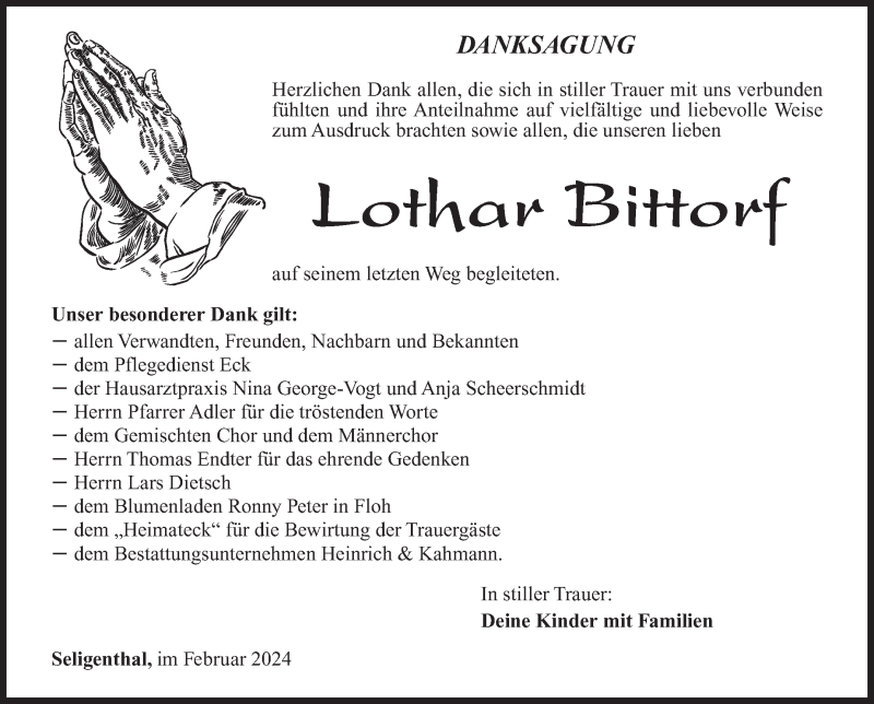 Traueranzeige für Lothar Bittorf vom 10.02.2024 aus Südthüringer Presse