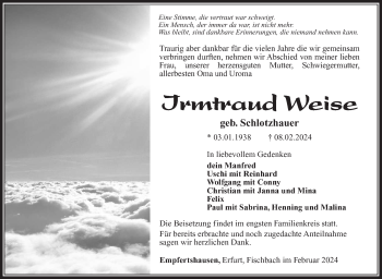 Traueranzeige von Irmtraud Weise von Südthüringer Presse