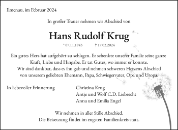 Traueranzeige von Hans Rudolf Krug von Südthüringer Presse
