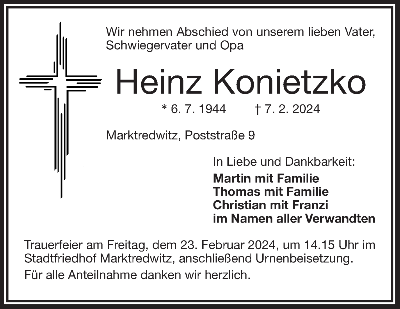  Traueranzeige für Heinz Konietzko vom 17.02.2024 aus Frankenpost