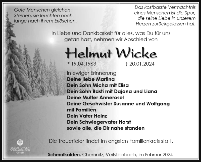  Traueranzeige für Helmut Wicke vom 03.02.2024 aus Südthüringer Presse