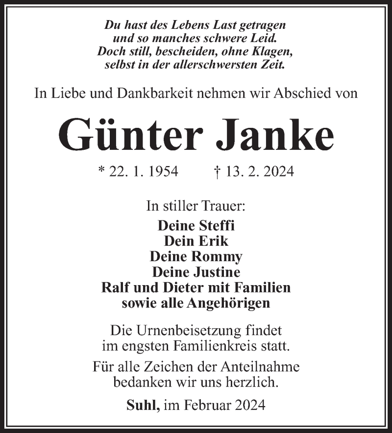  Traueranzeige für Günter Janke vom 24.02.2024 aus Südthüringer Presse