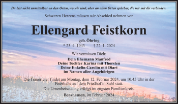 Traueranzeige von Ellengard Feistkorn von Südthüringer Presse