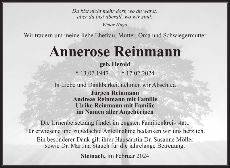  Traueranzeige für Annerose Reinmann vom 24.02.2024 aus Südthüringer Presse