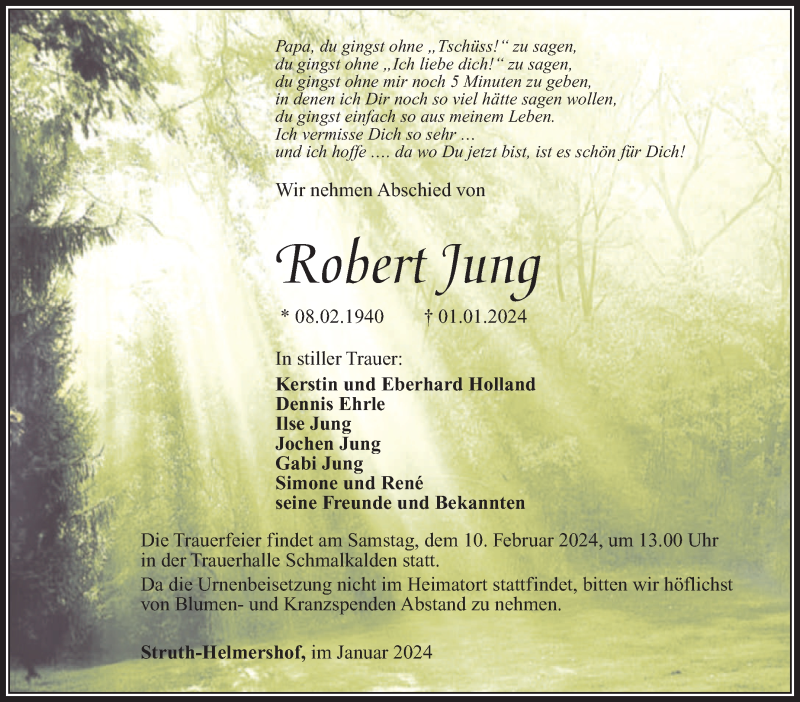  Traueranzeige für Robert Jung vom 01.02.2024 aus Südthüringer Presse