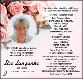 Traueranzeige von Ilse Langanke von Südthüringer Presse