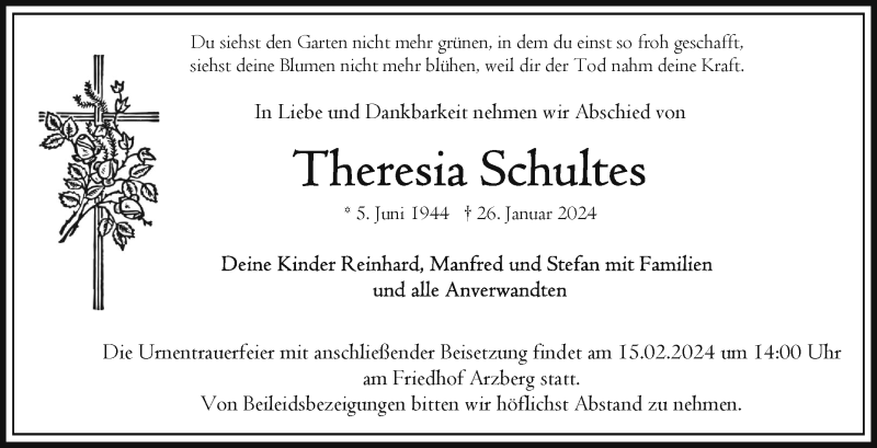  Traueranzeige für Theresia Schultes vom 13.02.2024 aus Frankenpost