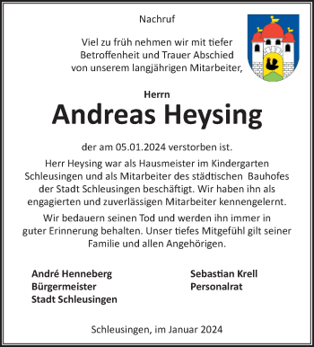 Traueranzeige von Andreas Heysing von Südthüringer Presse