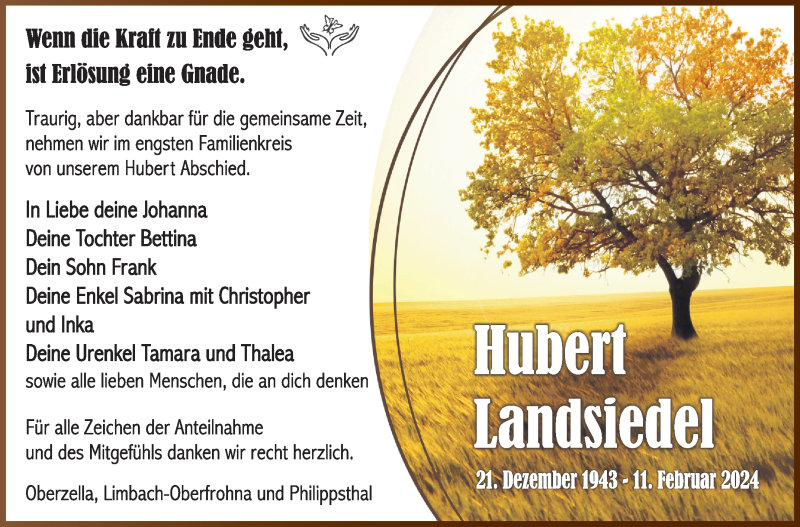  Traueranzeige für Hubert Landsiedel vom 17.02.2024 aus Südthüringer Presse