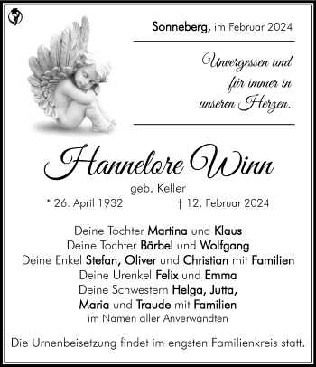 Traueranzeige von Hannelore Winn von Südthüringer Presse