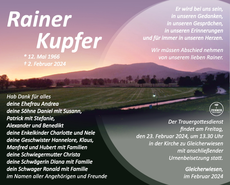  Traueranzeige für Rainer Kupfer vom 17.02.2024 aus Südthüringer Presse