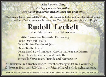 Traueranzeige von Rudolf Leckelt von Südthüringer Presse
