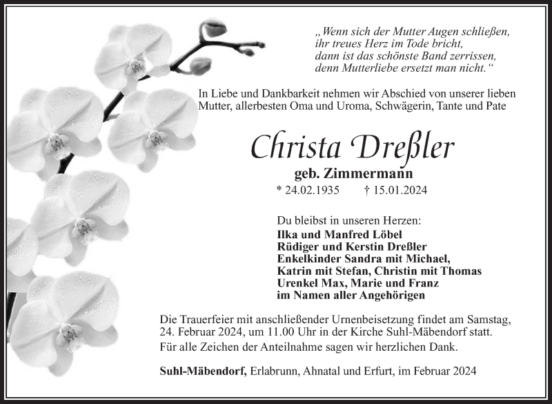  Traueranzeige für Christa Dreßler vom 03.02.2024 aus Südthüringer Presse