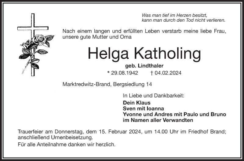  Traueranzeige für Helga Katholing vom 10.02.2024 aus Frankenpost