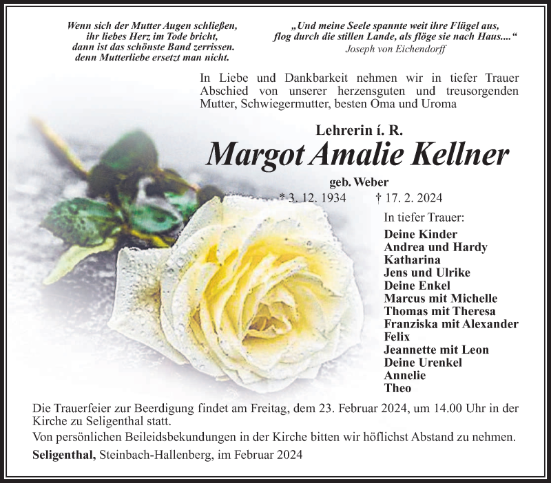  Traueranzeige für Margot Kellner vom 22.02.2024 aus Südthüringer Presse