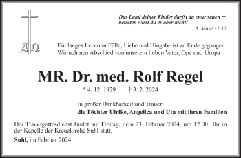 Traueranzeige von Rolf Regel von Südthüringer Presse