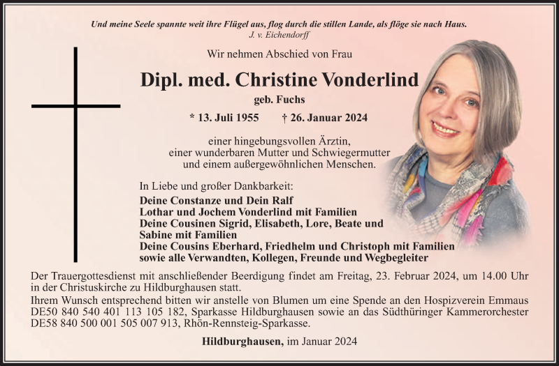  Traueranzeige für Christine Vonderlind vom 10.02.2024 aus Südthüringer Presse