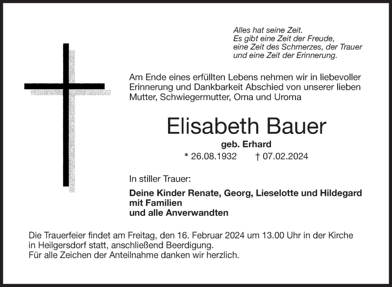  Traueranzeige für Elisabeth Bauer vom 13.02.2024 aus Neue Presse Coburg