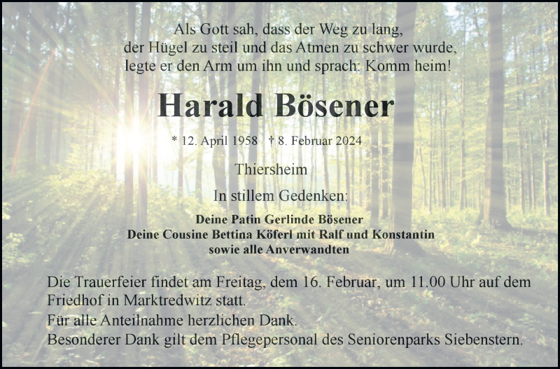  Traueranzeige für Harald Bösener vom 10.02.2024 aus Frankenpost