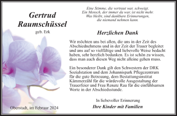 Traueranzeige von Gertrud Raumschüssel von Südthüringer Presse