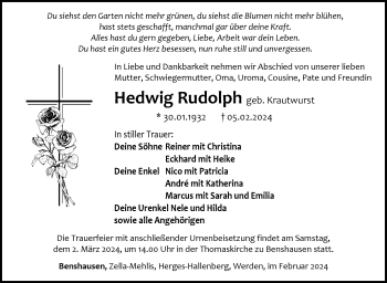 Traueranzeige von Hedwig Rudolph von Südthüringer Presse