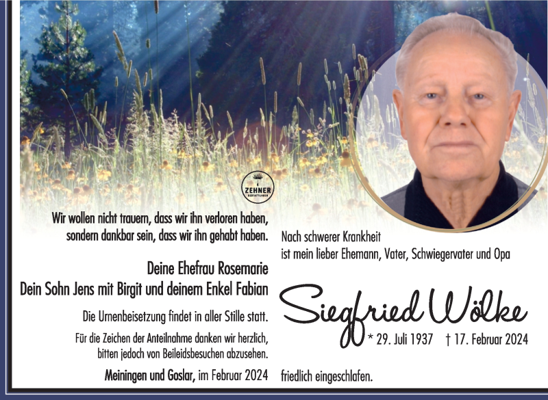  Traueranzeige für Siegfried Wölke vom 24.02.2024 aus Südthüringer Presse