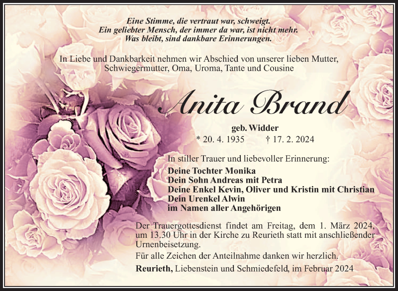  Traueranzeige für Anita Brand vom 24.02.2024 aus Südthüringer Presse