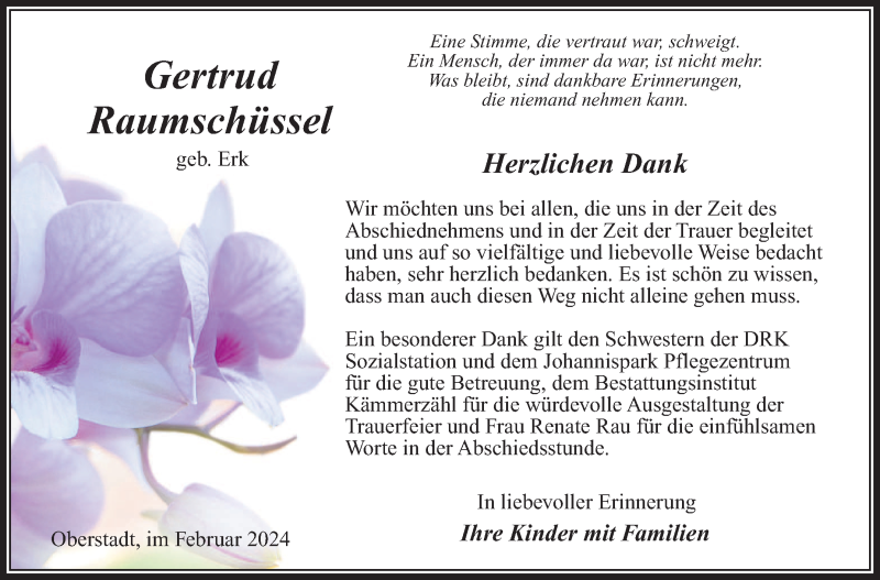 Traueranzeige für Gertrud Raumschüssel vom 24.02.2024 aus Südthüringer Presse
