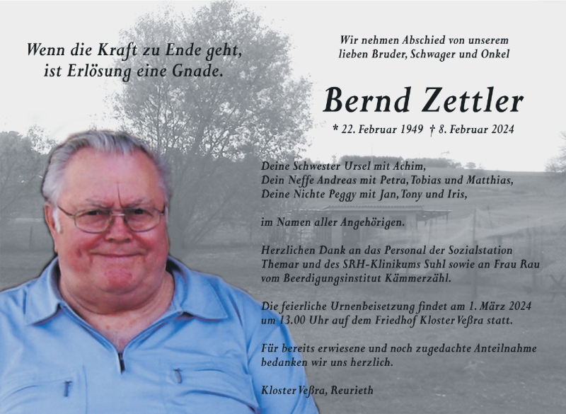  Traueranzeige für Bernd Zettler vom 17.02.2024 aus Südthüringer Presse
