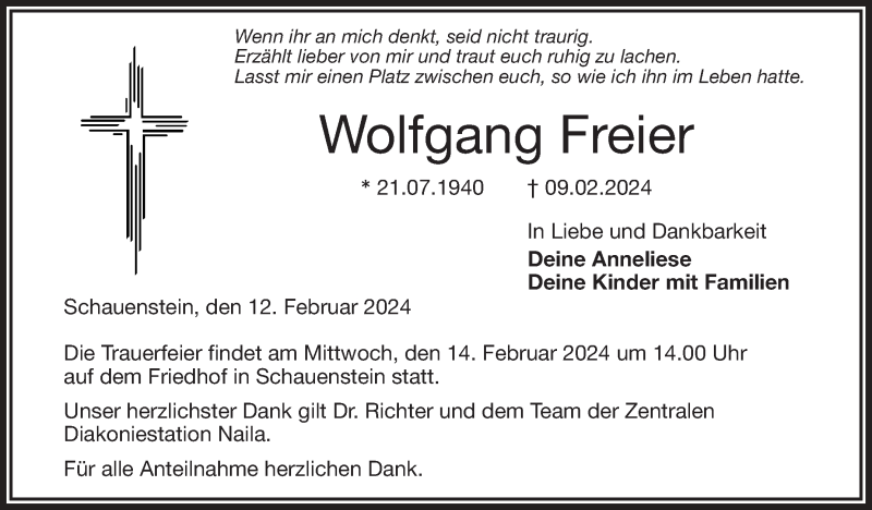  Traueranzeige für Wolfgang Freier vom 12.02.2024 aus Frankenpost
