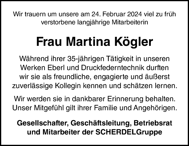  Traueranzeige für Martina Kögler vom 02.03.2024 aus Frankenpost